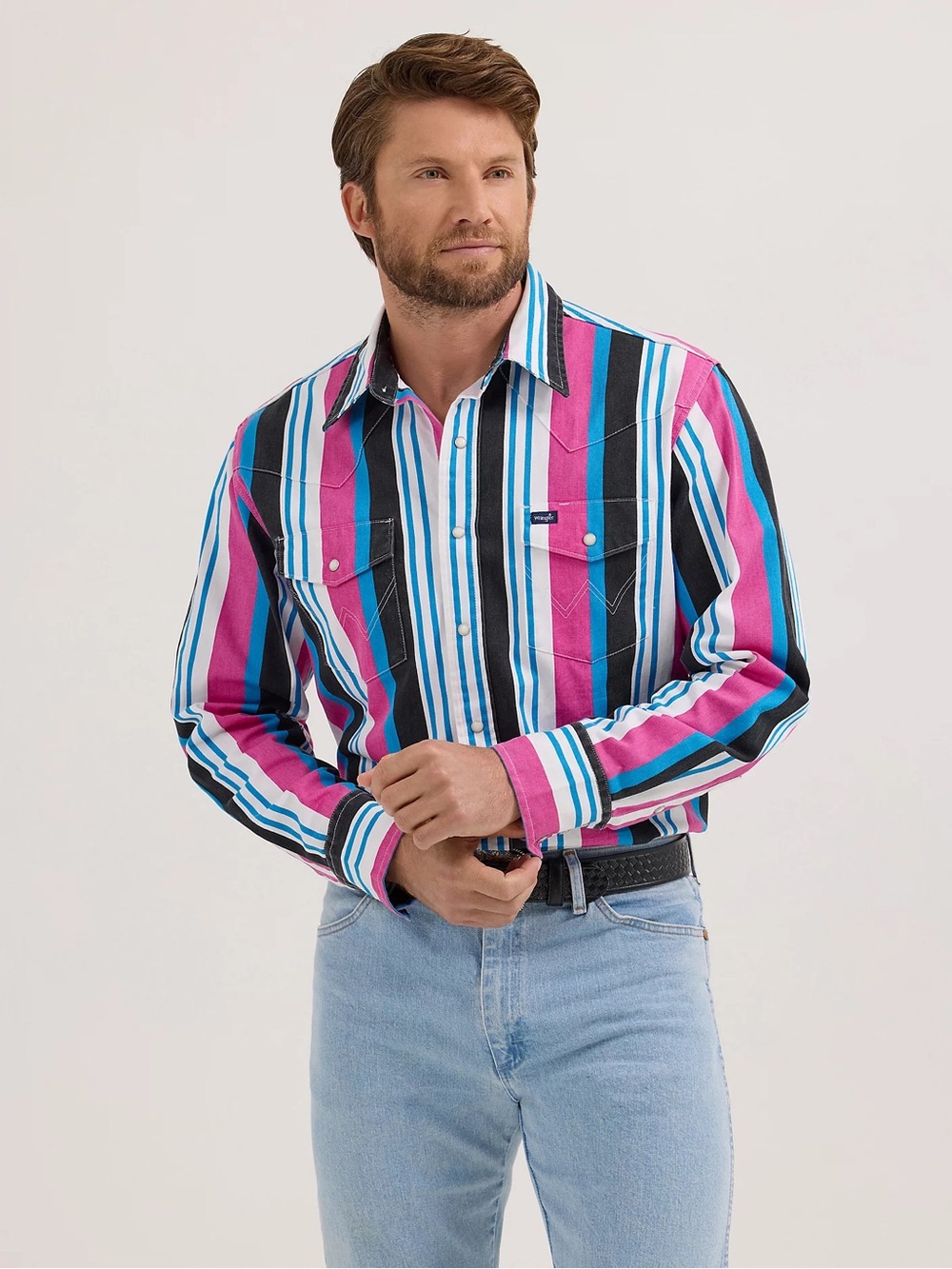 Wrangler Men's Brushpopper Button-Down Shirt in Pink, Black & Blue SOLD OUT